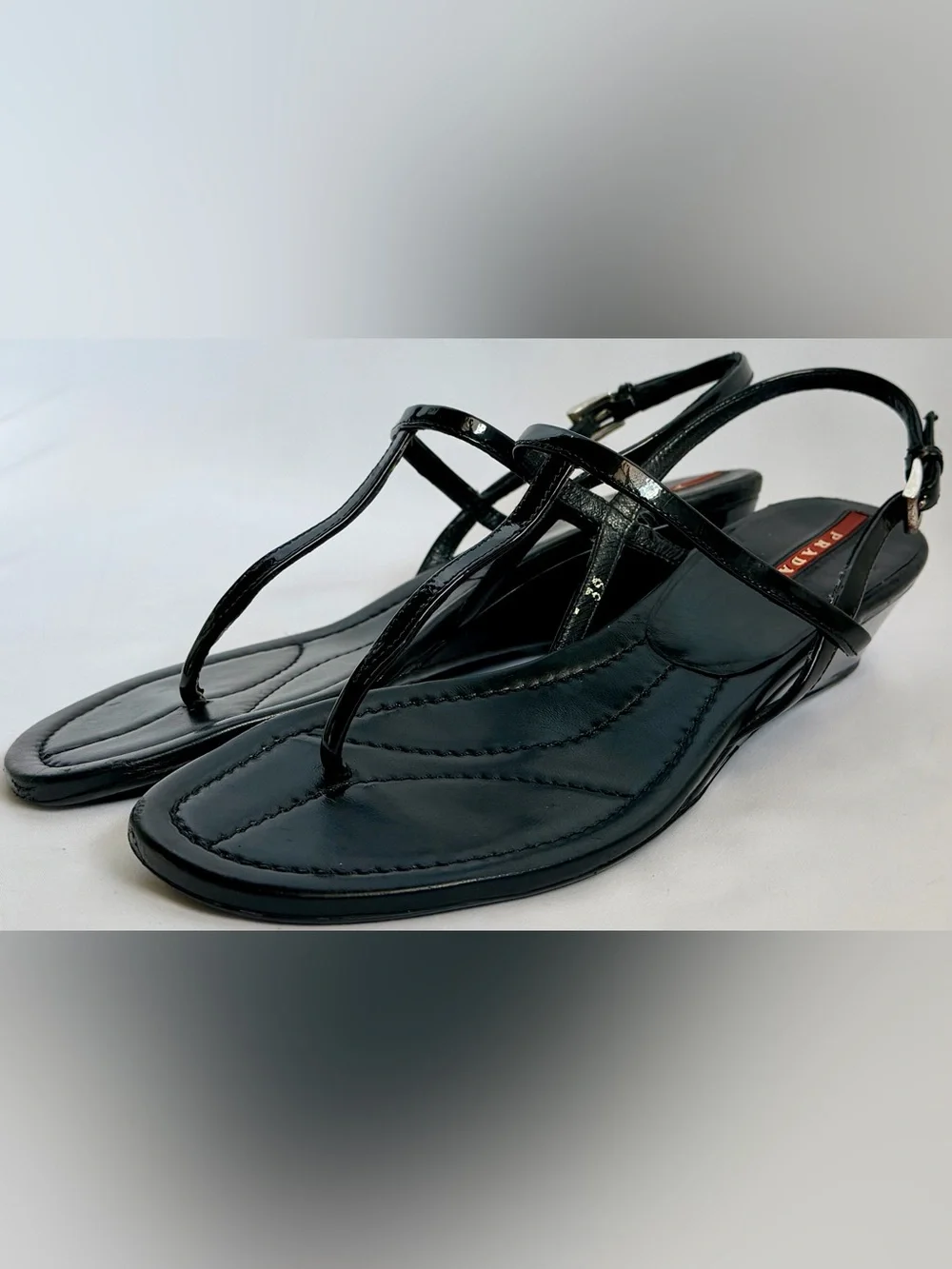 Prada Linea Rossa Vintage Y2K Black Patent Leather T-Strap Wedge Sandals 39 US 8